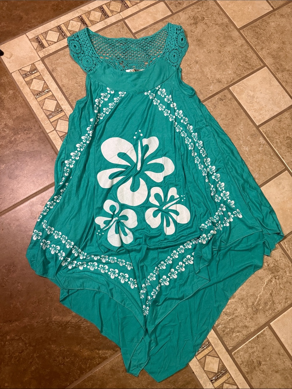 Swim cover Teal Floral Crochet Yoke Handkerchief Hem